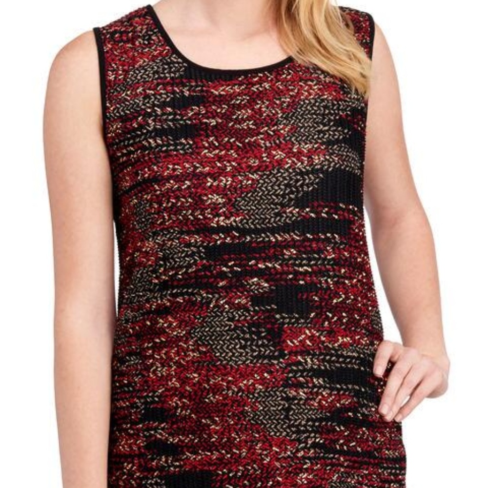 Kasper Red Metallic Knit Print Top, Size S